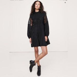 Banana Republic blk Long Sleeve dress COTTON & LACE MOCK-NECK REMOVABLE BELT BAG